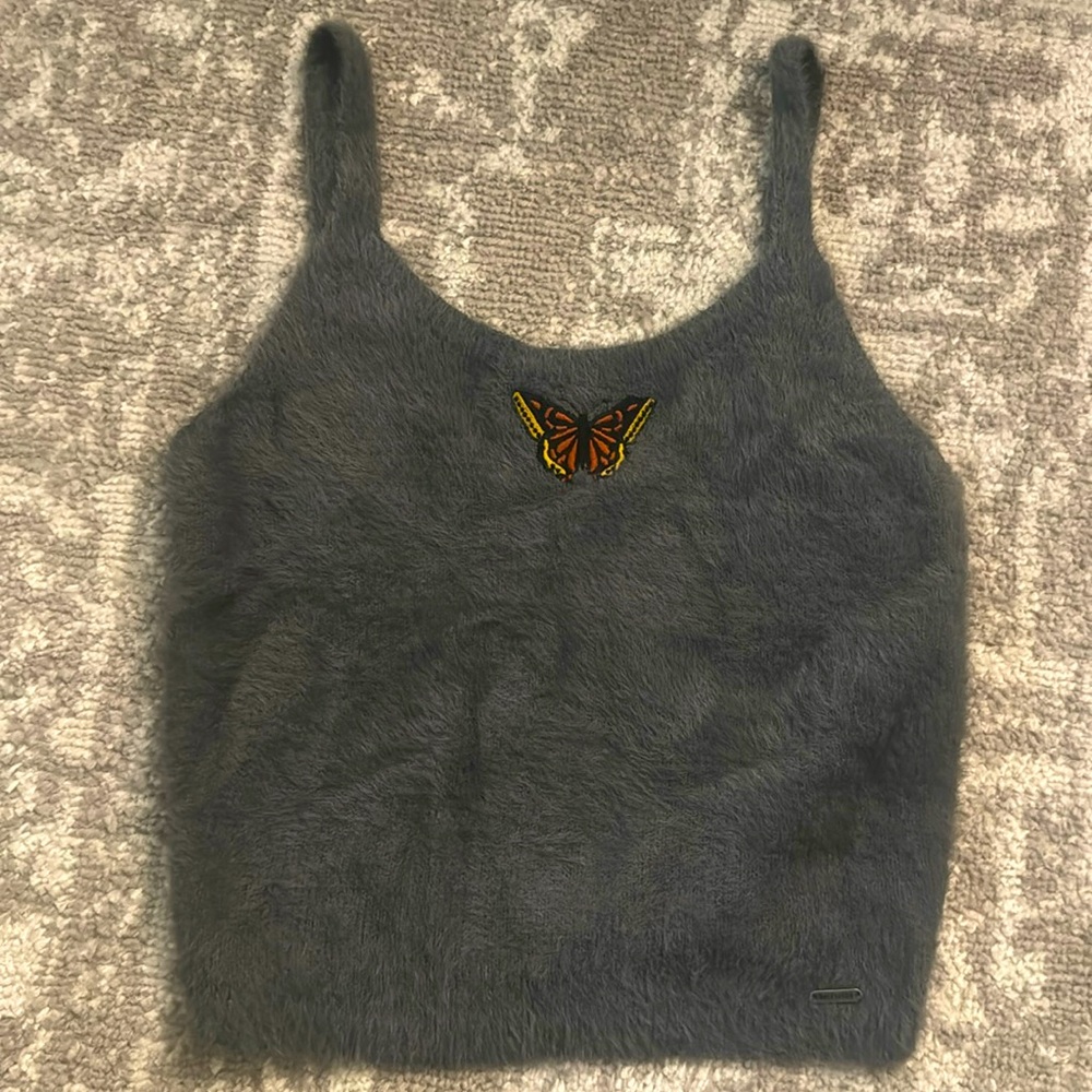 Hollister grey fuzzy butterfly tank top